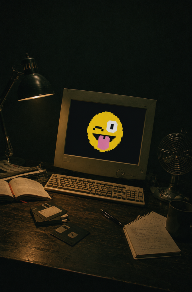 Monitor de computadora retro de tubo CRT sobre un escritorio de madera oscuro, mostrando un emoji amarillo pixelado en 8 bits guiñando un ojo y sacando la lengua, rodeado de disquetes de 3.5 pulgadas y cuadernos de notas antiguos.