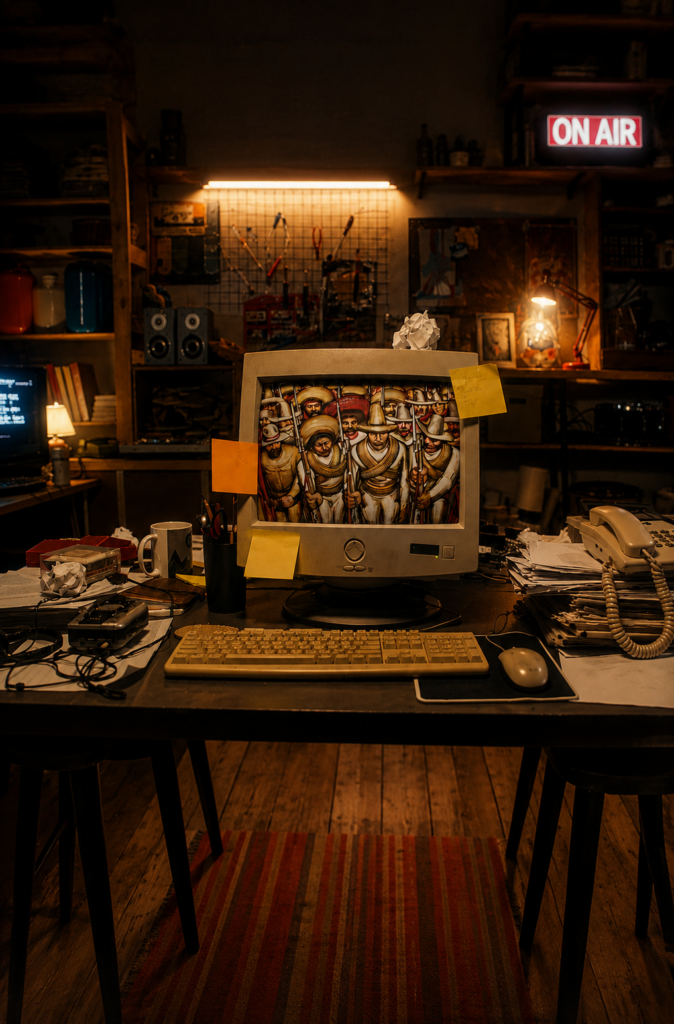 Monitor de computadora antiguo de tubo CRT sobre un escritorio desordenado con notas adhesivas, mostrando en pantalla el mural de Diego Rivera Zapata líder agrario dentro de un taller vintage iluminado.
