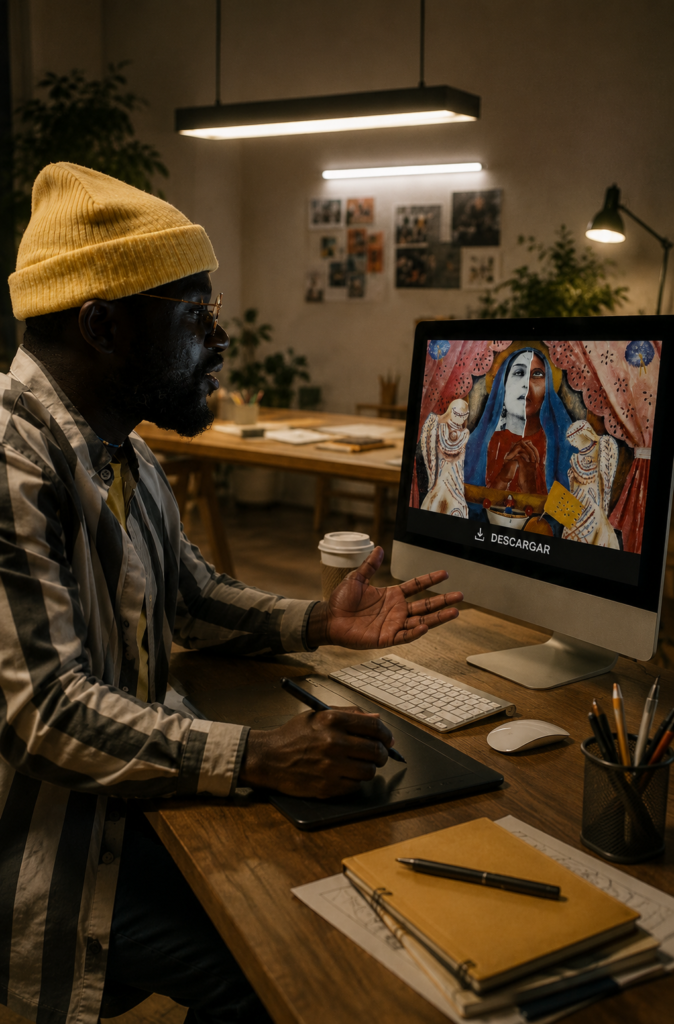 Diseñador gráfico con gorro amarillo trabajando en su estudio frente a una computadora iMac, analizando en su pantalla la pintura Autorretrato con Diego en mi pensamiento de Frida Kahlo con un botón digital que dice DESCARGAR.