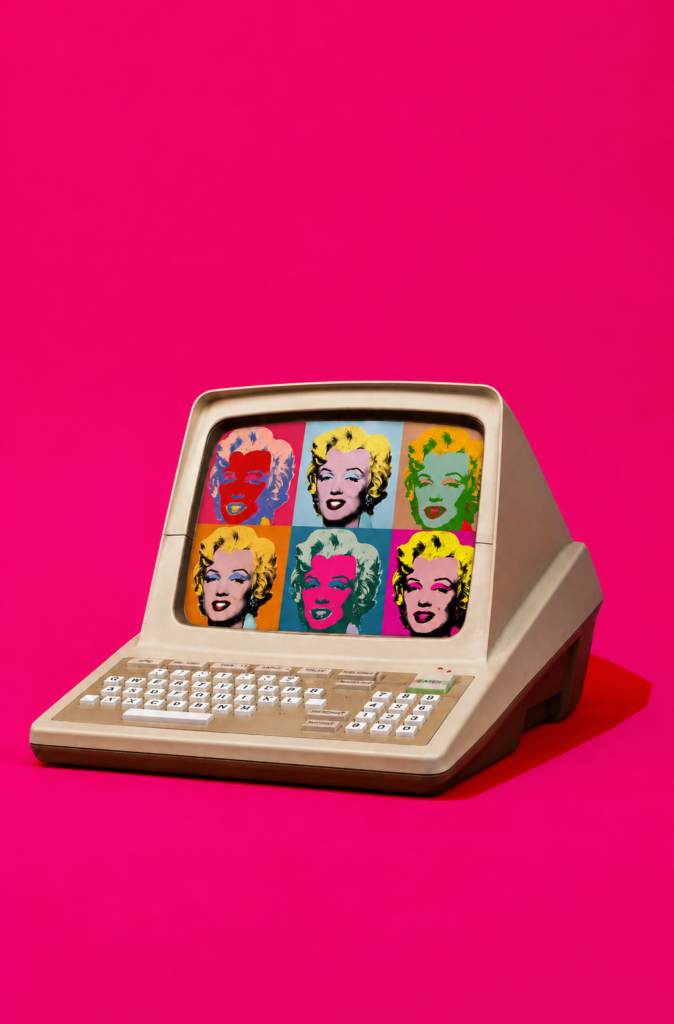 Terminal de computadora vintage francesa Minitel sobre un fondo rosa magenta brillante, mostrando en su pantalla la famosa serie de retratos pop art de Marilyn Monroe por Andy Warhol en colores contrastantes.