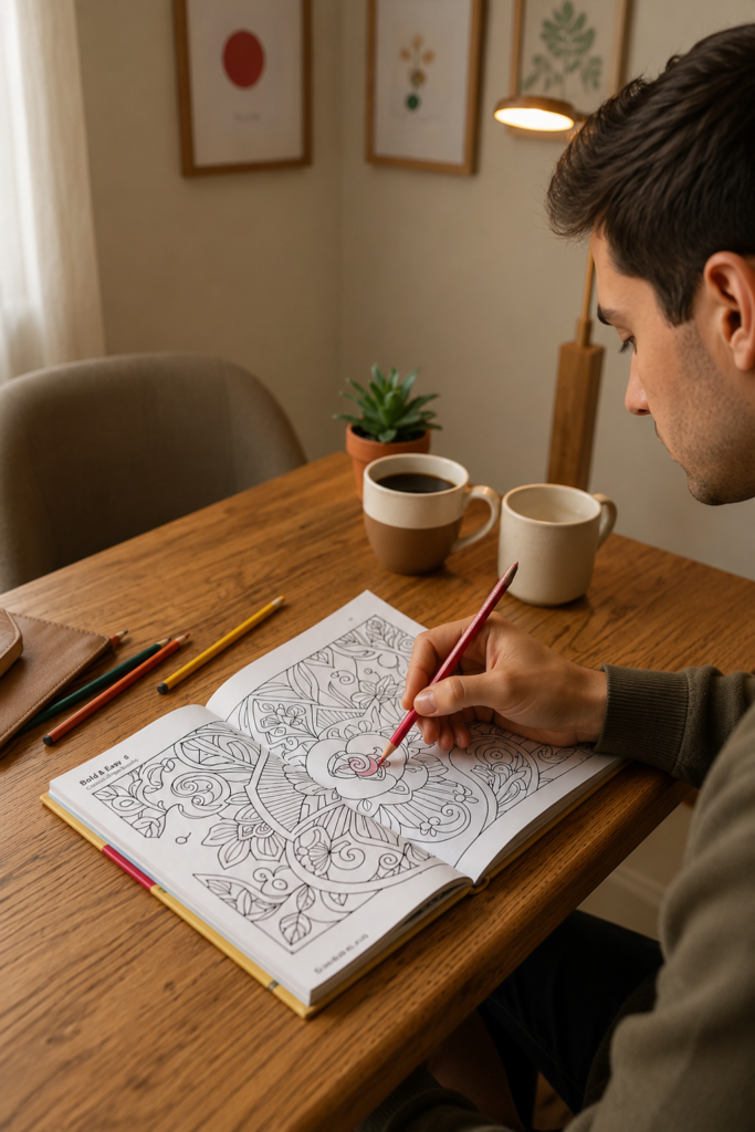 Vista de perfil de un hombre joven concentrado coloreando un libro de mandalas y flores complejas con un lápiz de color rojo en un comedor iluminado.