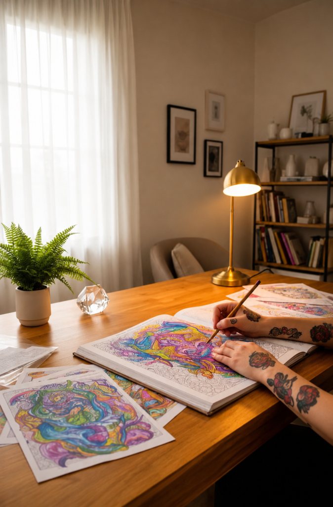 Manos tatuadas coloreando un libro de ilustraciones psicodélicas complejas con lápices de colores sobre un escritorio de madera iluminado por una lámpara dorada.