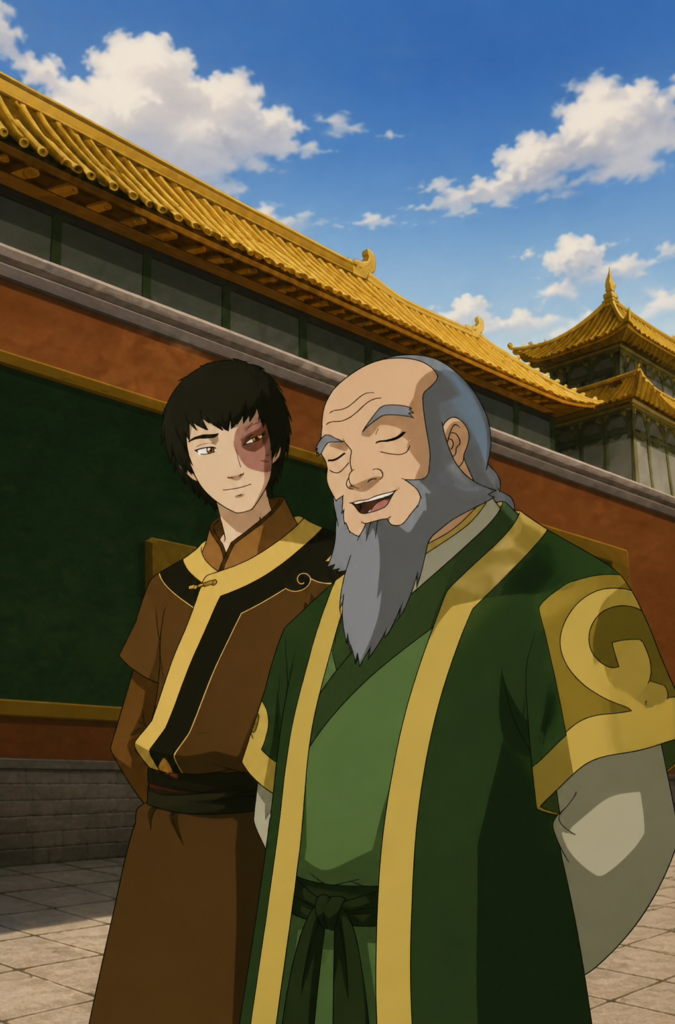 Ilustración del Tío Iroh riendo junto al Príncipe Zuko sonriendo frente a las murallas de un palacio del Reino Tierra.