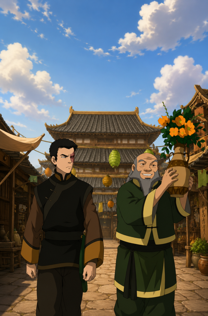 Ilustración de Zuko con expresión seria caminando junto al Tío Iroh sonriente cargando un jarrón con flores naranjas en Ba Sing Se.