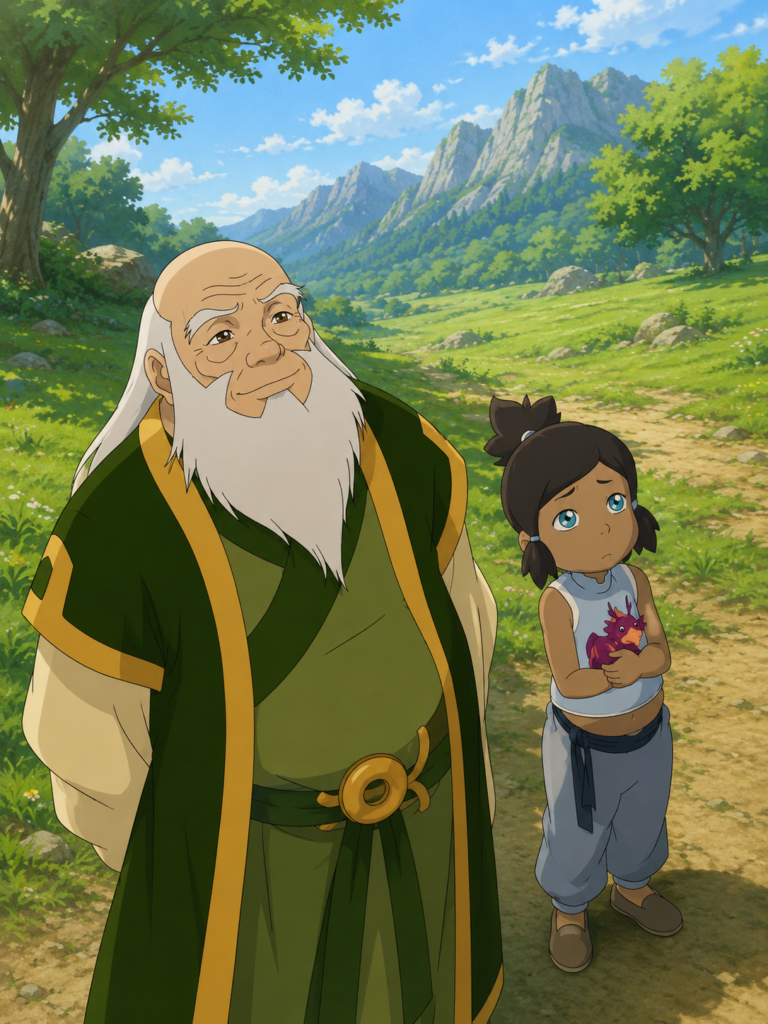 Ilustración del Tío Iroh anciano y la pequeña Korra con un dragón de juguete morado en un sendero rural.