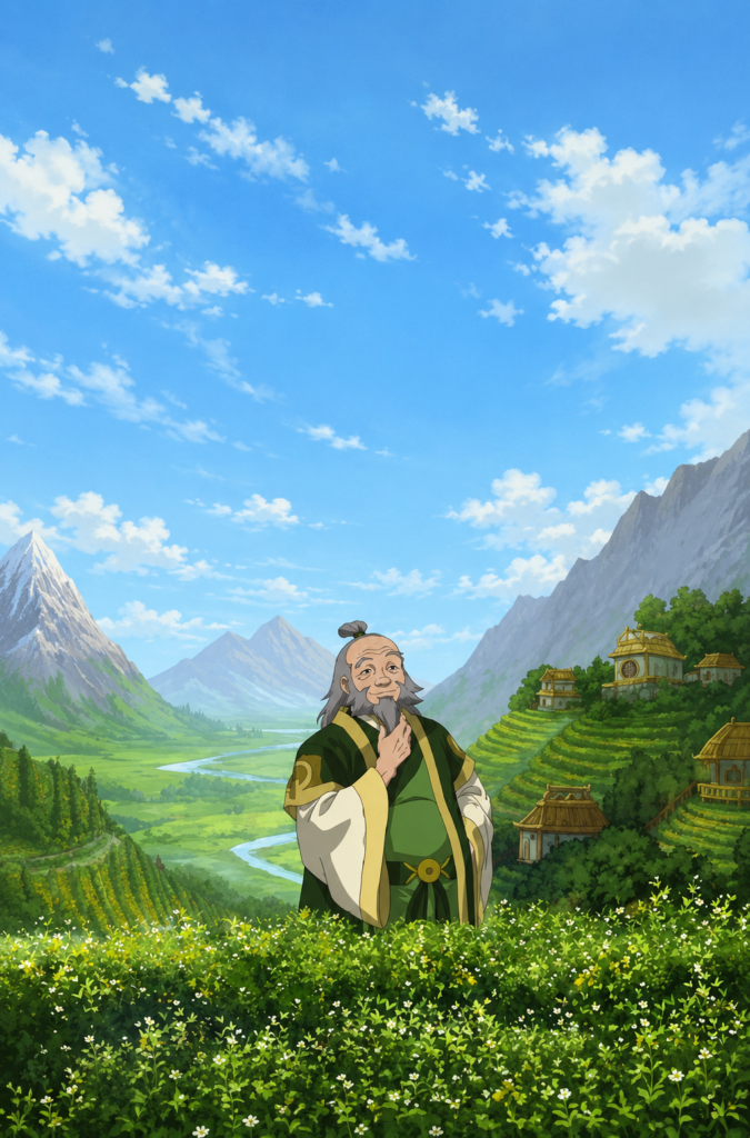 Ilustración del Tío Iroh con vestimenta verde del Reino Tierra acariciando su barba frente a campos de té y montañas.