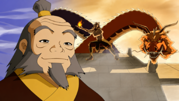 14 frases del Tío Iroh de Avatar: significado y enseñanzas Ilustración animada en primer plano del Tío Iroh sonriendo con Zuko practicando fuego control y un dragón rojo oriental al fondo.