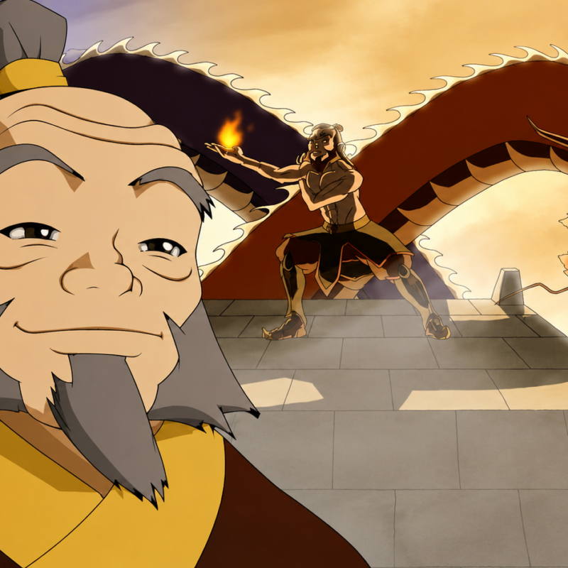 Ilustración animada en primer plano del Tío Iroh sonriendo con Zuko practicando fuego control y un dragón rojo oriental al fondo.