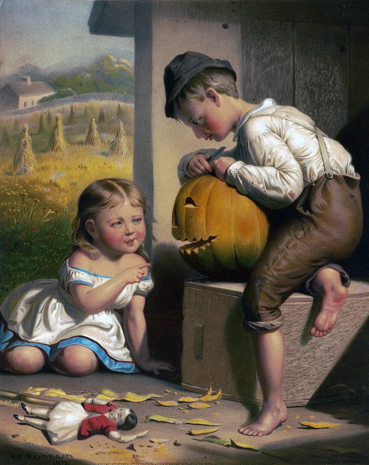Un niño talla una calabaza de Halloween mientras una niña lo observa, en una ilustración de B. F. Reinhart de 1872.