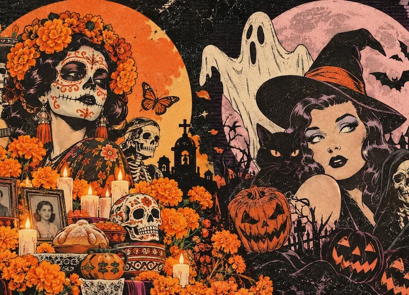 Ilustración de Día de Muertos y Halloween con una catrina junto a una ofrenda y una bruja entre calabazas, fantasmas y murciélagos.