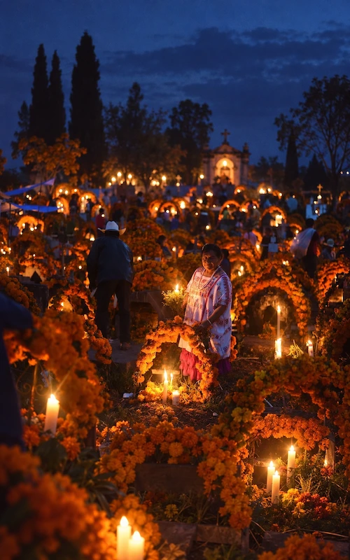 Personas entre tumbas decoradas con arcos de cempasúchil y velas encendidas en un panteón de México durante Día de Muertos.
