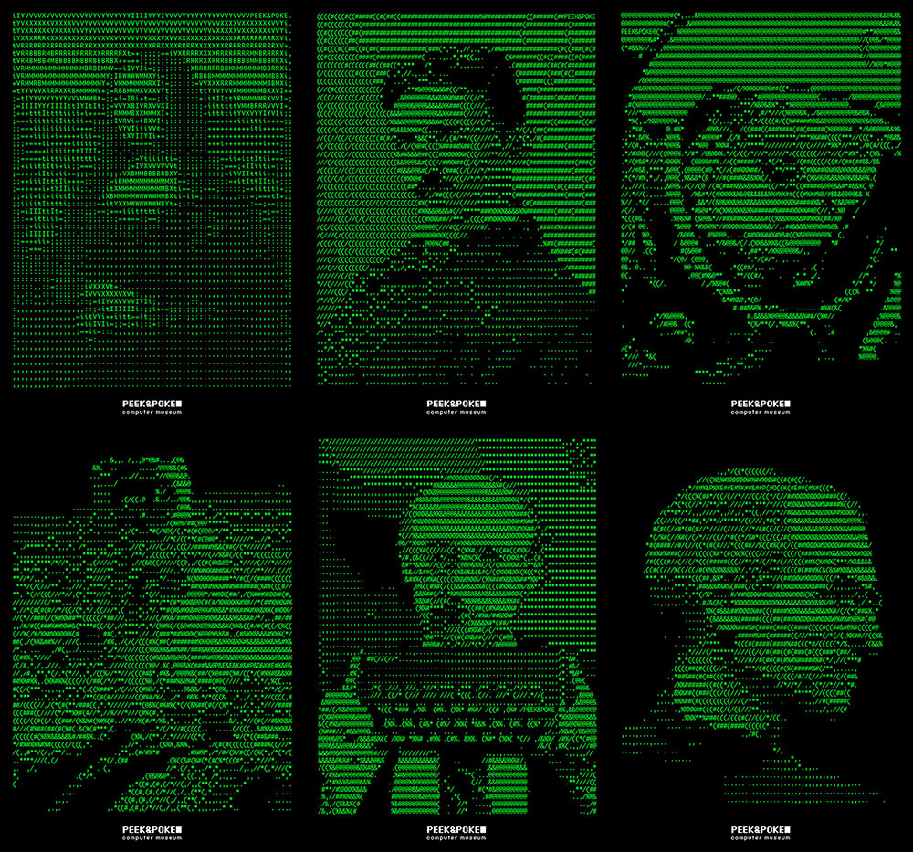 Serie de retratos en arte ASCII verde creados por Vuk Ćosić para el museo Peek&Poke, ejemplificando el New Media Art.