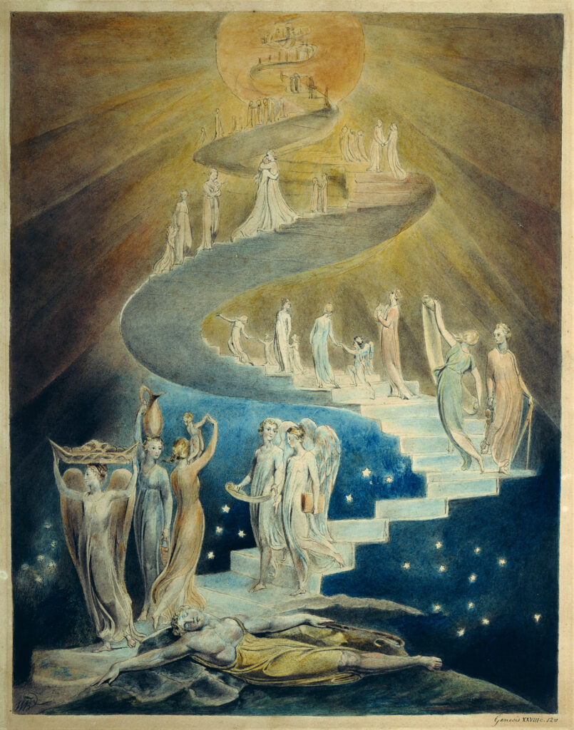 Pintura en acuarela de la Escalera de Jacob por William Blake, mostrando figuras celestiales ascendiendo una escalera de caracol desde el hombre dormido hacia el sol.