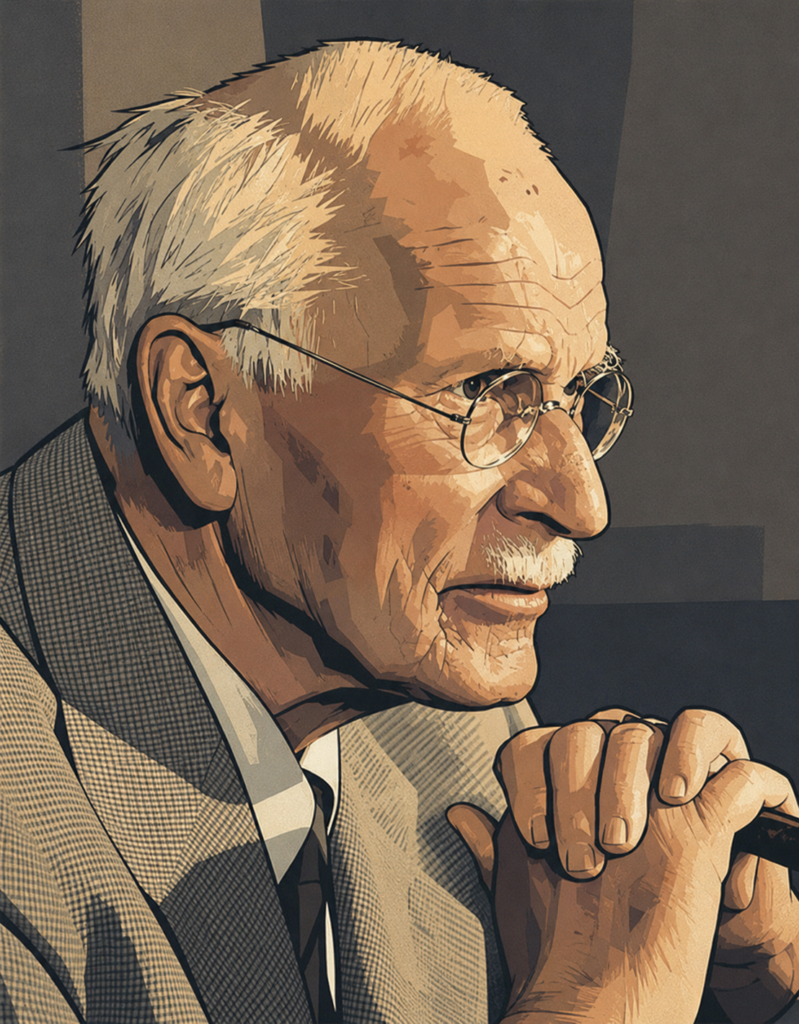 Retrato ilustrado en primer plano de Carl Jung anciano con gafas redondas, mirando de perfil con las manos entrelazadas, en estilo de novela gráfica.