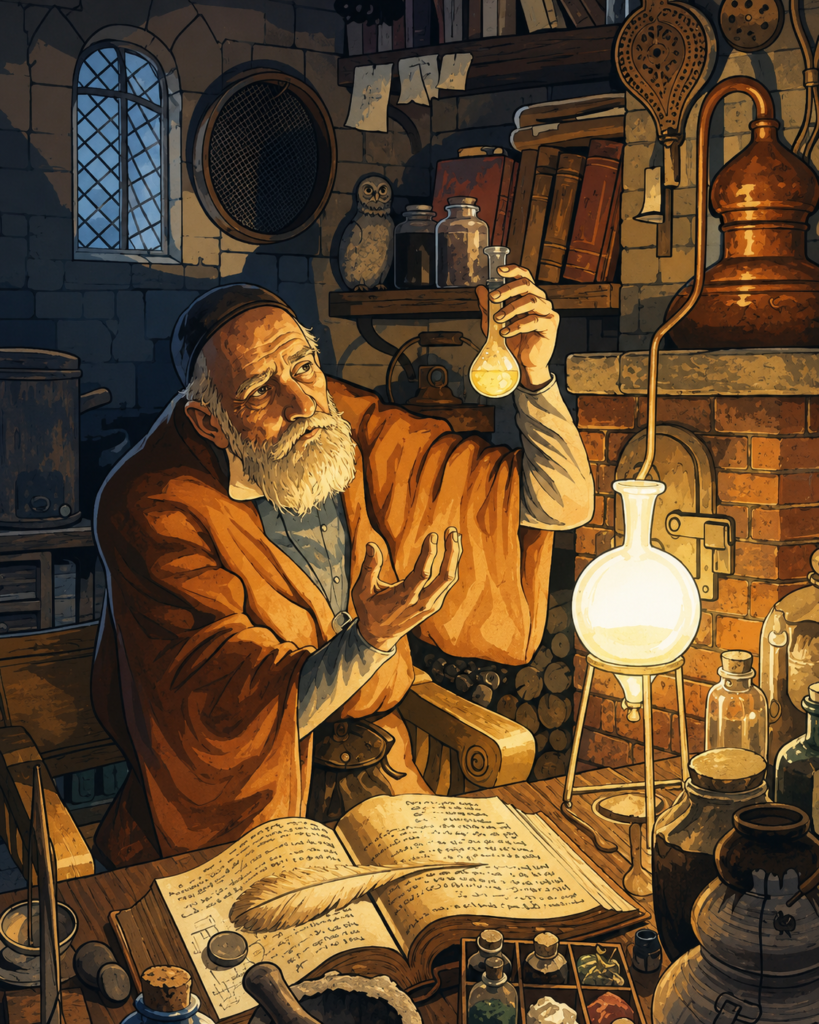 Ilustración detallada de un viejo alquimista examinando un frasco de vidrio iluminado en su laboratorio, rodeado de libros antiguos, viales y un alambique.
