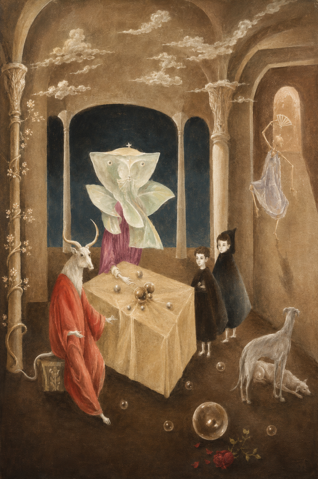 Pintura surrealista de Leonora Carrington titulada Y entonces vimos a la hija del Minotauro, que muestra un minotauro blanco con túnica naranja junto a niños y esferas de cristal.