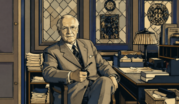 Ilustración de estilo novela gráfica del psiquiatra suizo Carl Jung en su estudio, sosteniendo una pipa, con un tomo de la Enciclopedia Británica de fondo.