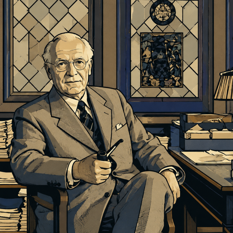 Ilustración de estilo novela gráfica del psiquiatra suizo Carl Jung en su estudio, sosteniendo una pipa, con un tomo de la Enciclopedia Británica de fondo.
