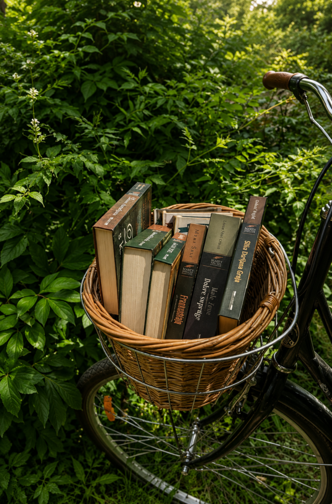 Libros clásicos como Frankenstein y El retrato de Dorian Gray apilados dentro de una cesta de mimbre de una bicicleta negra, rodeada de arbustos verdes en la naturaleza.
