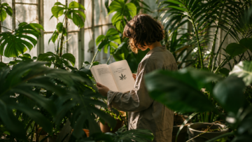 Mujer de espaldas leyendo un libro sobre cannabis en el interior de un invernadero iluminado por el sol, rodeada de plantas tropicales y grandes hojas de Monstera deliciosa.