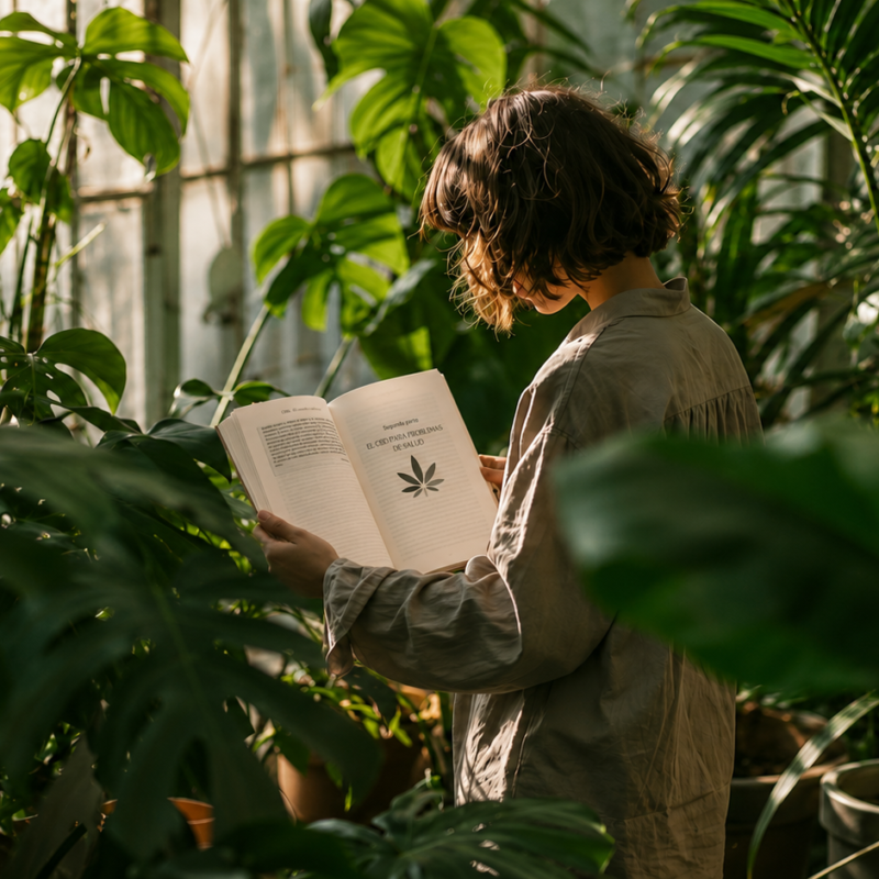 Mujer de espaldas leyendo un libro sobre cannabis en el interior de un invernadero iluminado por el sol, rodeada de plantas tropicales y grandes hojas de Monstera deliciosa.