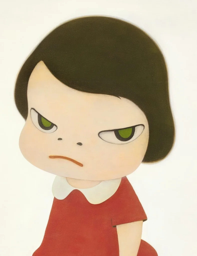 Pintura acrílica titulada Knife Behind Back del artista contemporáneo japonés Yoshitomo Nara, que retrata en primer plano a una niña pequeña de estilo anime con mirada desafiante, ojos verdes grandes y vestido rojo con cuello blanco.
