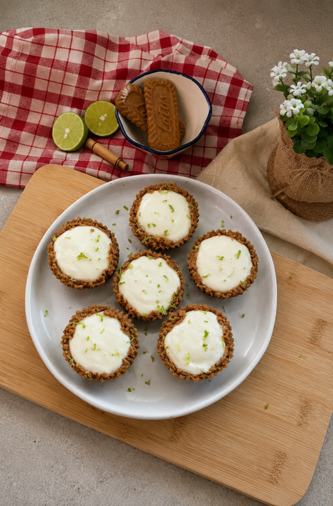 Seis mini pays cannábicos de limón con base de galleta triturada y relleno cremoso blanco, decorados con ralladura de limón verde sobre una tabla de madera de cocina.