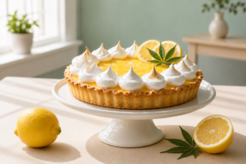 La receta para un perfecto pay cannábico de limón Pay cannábico de limón con merengue flameado en forma de picos decorativos, relleno cremoso amarillo sobre base de masa quebrada y una hoja de cannabis fresca como adorno superior junto a rodajas de limón.