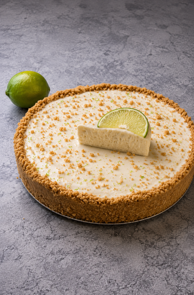 Pay cannábico de limón completo con costra crujiente de galleta María triturada, relleno cremoso blanco infusionado y decorado con una rebanada de limón fresco arriba.