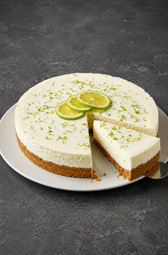 Pay cannábico de limón cremoso sobre plato blanco, mostrando una rebanada cortada con espátula, base de galleta molida y decoración superior de rodajas con ralladura de limón verde.