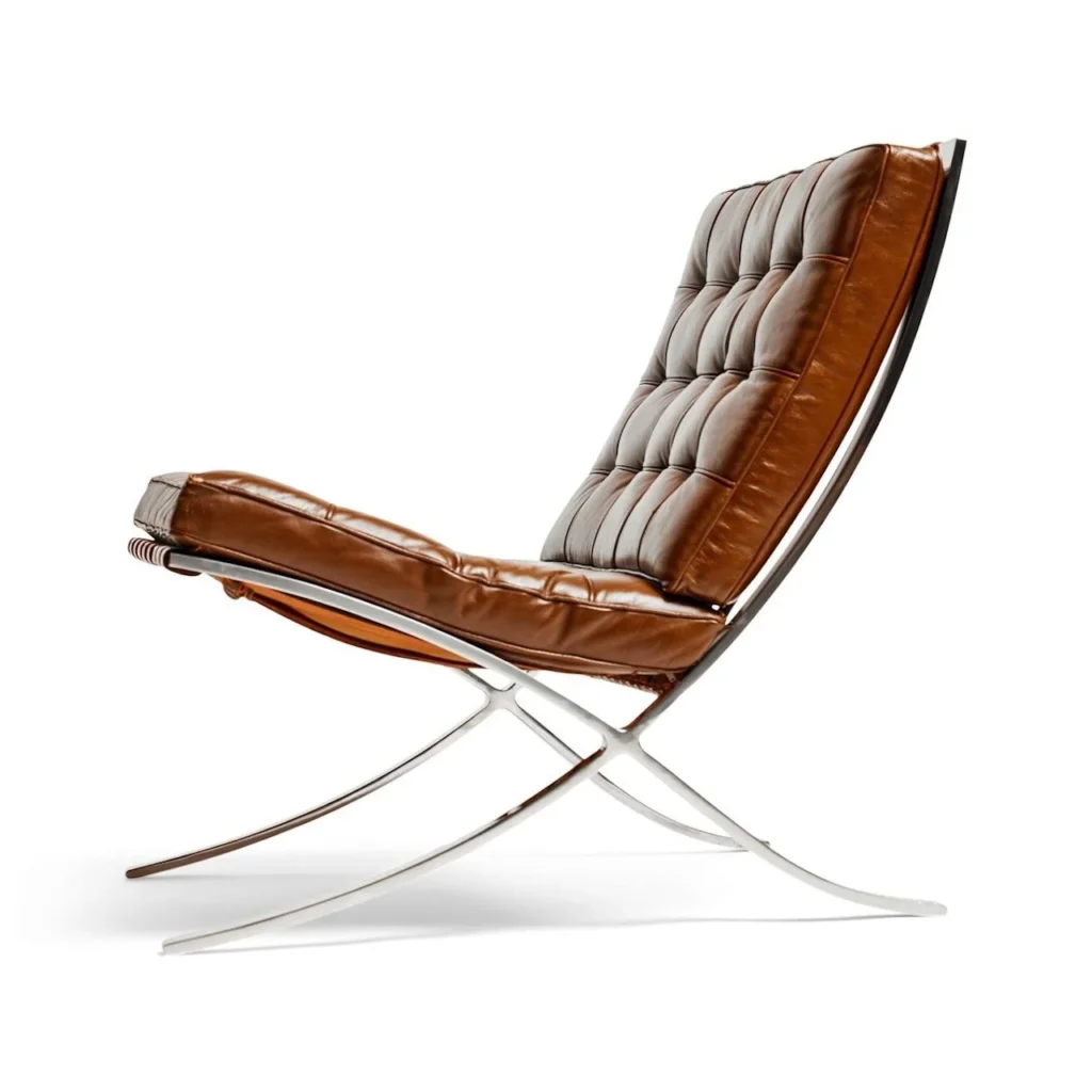 Perfil de una silla Barcelona diseñada por Ludwig Mies van der Rohe en 1929, mostrando la estructura de acero cromado y las bandas de cuero tensadas que definen su ergonomía radical.