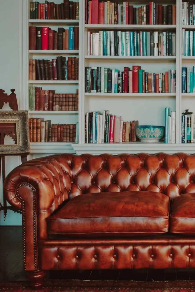 Detalle de un sofá Chesterfield de piel curtida frente a una biblioteca, resaltando su ensamblaje artesanal y su estructura diseñada para una postura erguida.