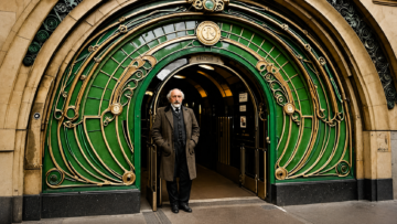 Recreación digital de una icónica boca de Metro de París en estilo Art Nouveau diseñada por el arquitecto Hector Guimard, mostrando la elaborada estructura de hierro forjado verde y dorado.