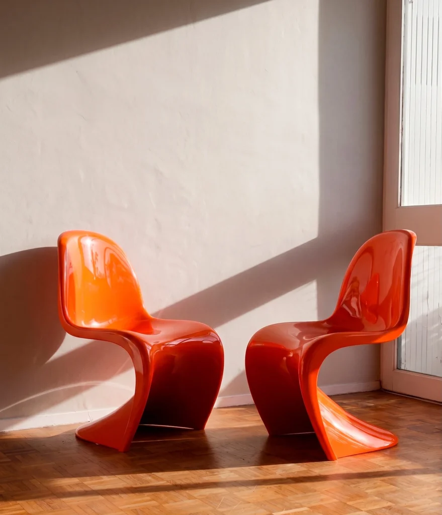 Dos sillas Panton de color naranja brillante con su icónica silueta antropomórfica en «S», ilustrando el diseño monobloque de resina sintética de Verner Panton bajo luz natural.