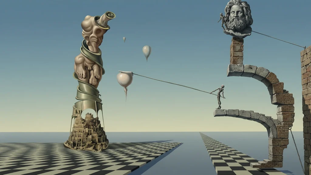 Escena del cortometraje Destino de Salvador Dalí y Walt Disney, mostrando la metamorfosis de figuras surrealistas y el desierto daliniano animado con CGI.