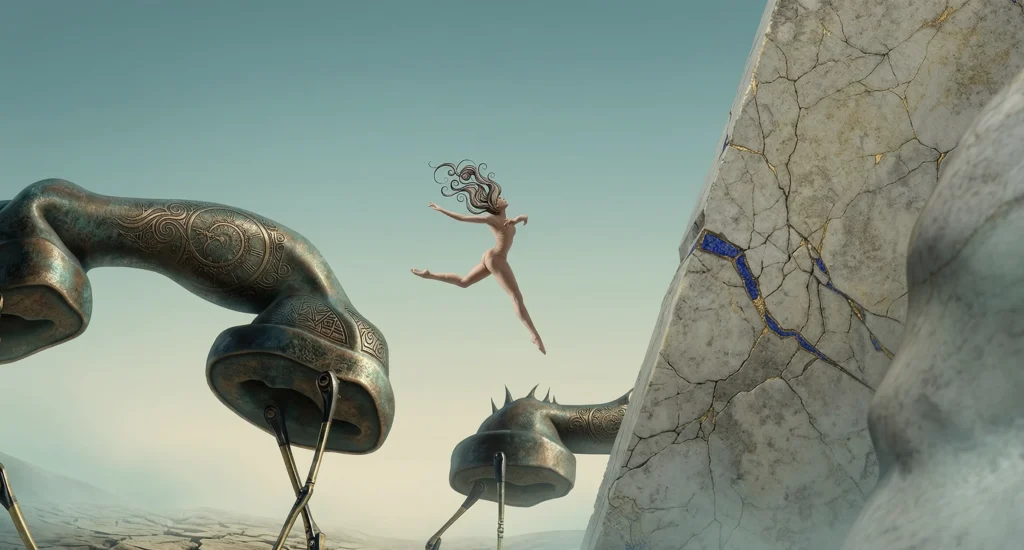 Escena del cortometraje Destino de Salvador Dalí y Walt Disney, mostrando la metamorfosis de figuras surrealistas y el desierto daliniano animado con CGI.
