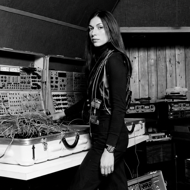 Fotografía antigua en blanco y negro de la compositora Suzanne Ciani en su estudio posando junto a un sistema de sintetizadores modulares portátiles duales Buchla 200 repleto de cables de parcheo.