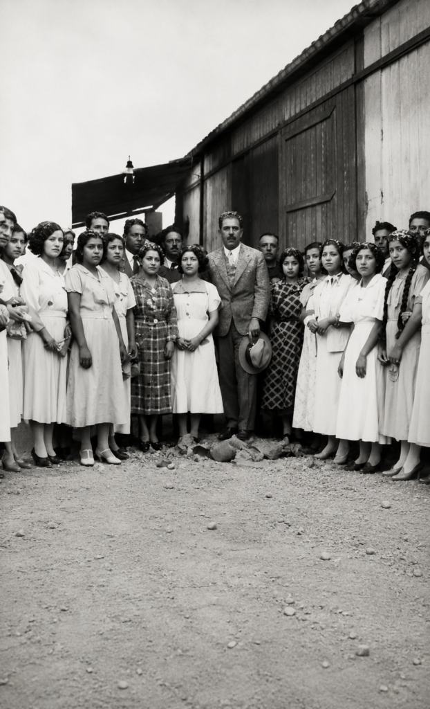Fotografía histórica en blanco y negro del presidente Lázaro Cárdenas del Río posando en exteriores junto a un numeroso grupo de mujeres jóvenes con vestidos claros y flores en el cabello durante su mandato presidencial.