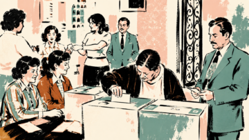 Voto femenino en México: la historia de cómo las mujeres consiguieron este derecho Ilustración de estilo retro que muestra a mujeres mexicanas emitiendo su sufragio en urnas electorales por primera vez en 1955, rodeadas de funcionarios de casilla masculinos y femeninos en un centro de votación.