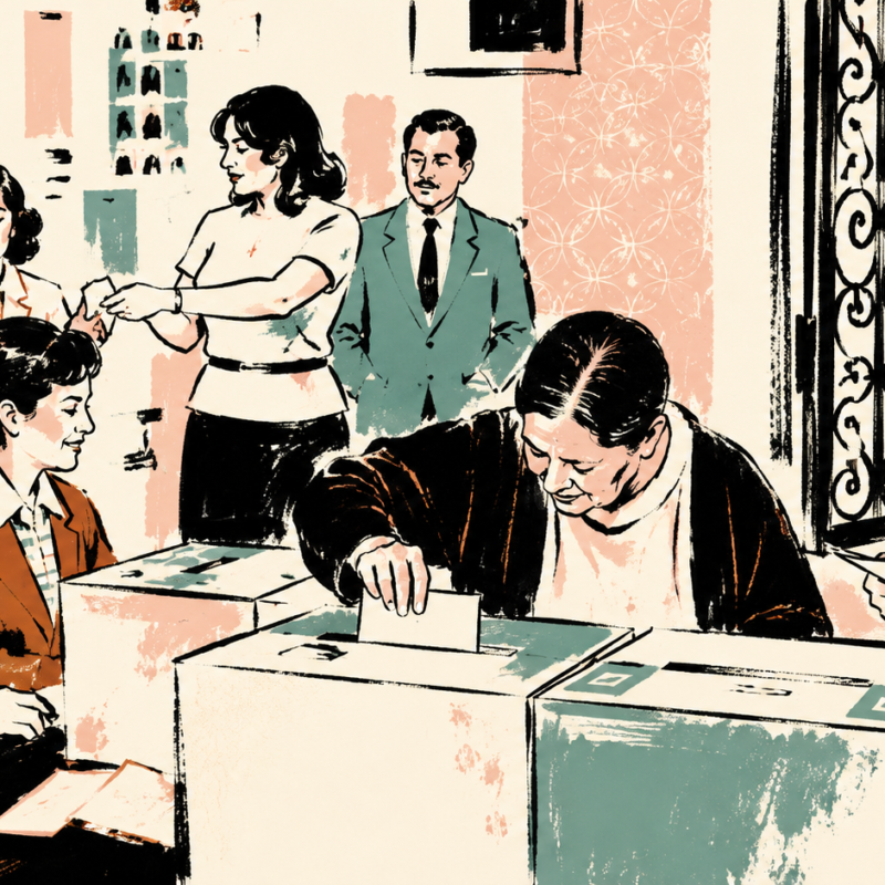 Ilustración de estilo retro que muestra a mujeres mexicanas emitiendo su sufragio en urnas electorales por primera vez en 1955, rodeadas de funcionarios de casilla masculinos y femeninos en un centro de votación.