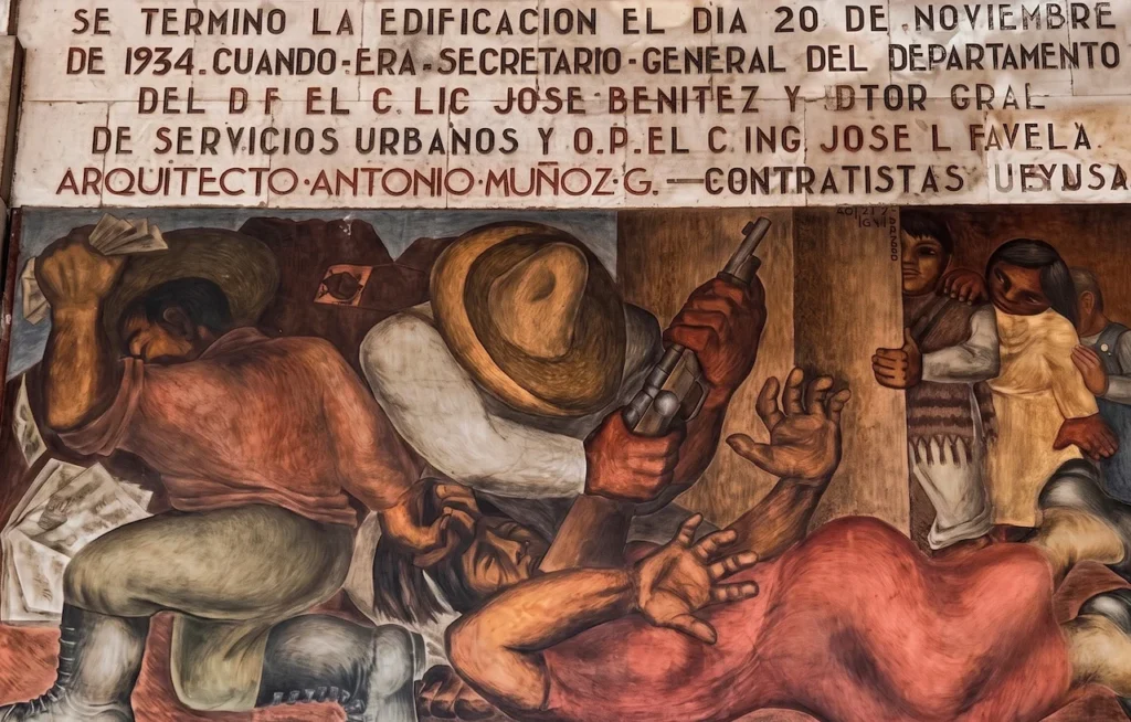 Mural de Aurora Reyes que representa la lucha por el derecho al voto femenino y la organización sindical de las mujeres en México, destacando su estilo de realismo social.