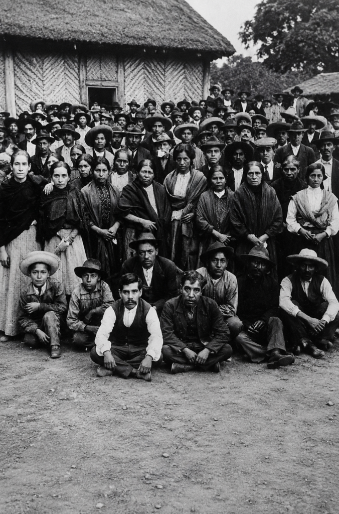 Fotografía histórica en blanco y negro de un grupo numeroso de campesinos, mujeres y niños zapatistas en Morelos durante la Revolución Mexicana. Archivo Casasola, ideal para ilustrar poemas sobre la lucha agraria y el pueblo mexicano en armas.