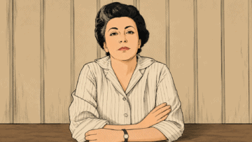 Ilustración detallada en tonos sepia de la escritora y poeta mexicana Rosario Castellanos sentada frente a una mesa de madera con los brazos cruzados.
