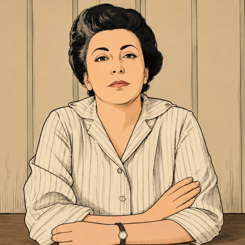 Ilustración detallada en tonos sepia de la escritora y poeta mexicana Rosario Castellanos sentada frente a una mesa de madera con los brazos cruzados.