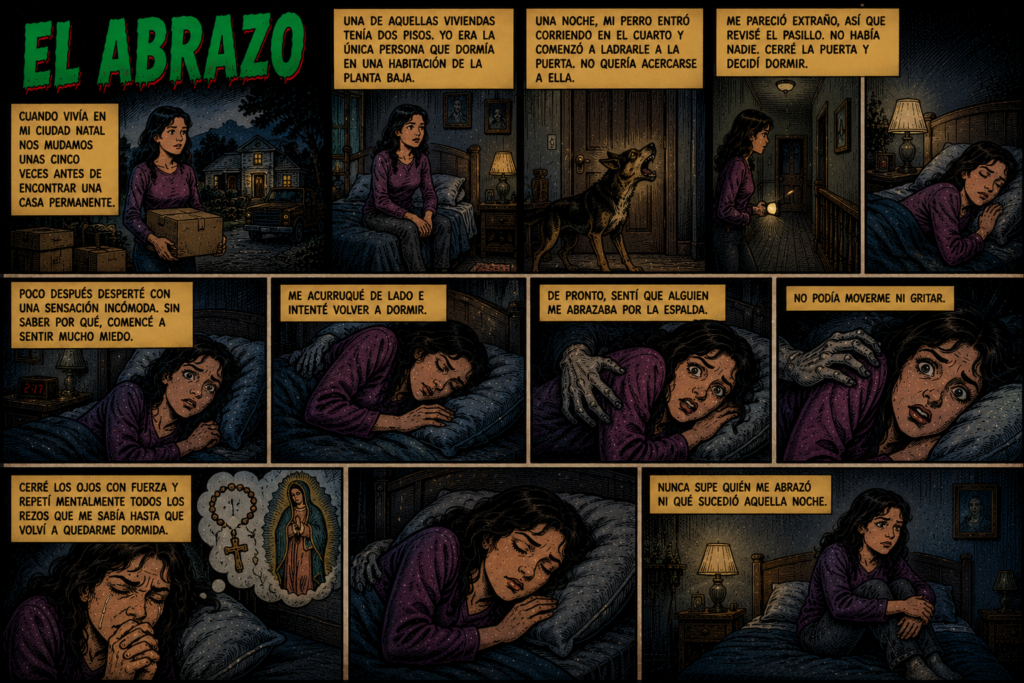 Cómic de terror titulado "El Abrazo" que ilustra en diez viñetas la experiencia de una joven en una casa de dos pisos que sufre un episodio de parálisis del sueño, sintiendo que una presencia la abraza por la espalda.
