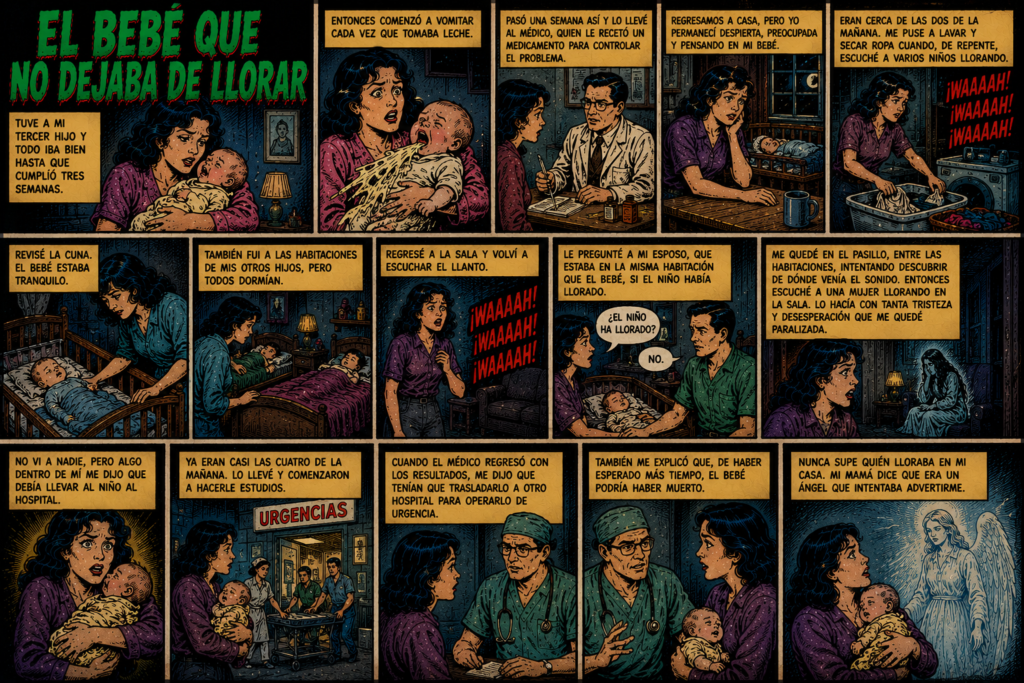 Cómic de terror titulado "El bebé que no dejaba de llorar" que ilustra en catorce viñetas la historia de una madre que escucha llantos paranormales que la alertan indirectamente para salvar la vida de su hijo enfermo.