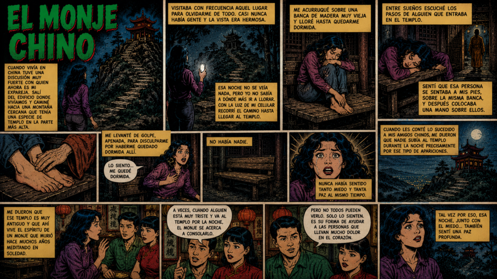 Cómic de suspenso titulado "El Monje Chino" que ilustra en trece viñetas la historia de una joven que, tras una fuerte discusión, recibe el consuelo místico y fantasmal de un monje fallecido en un templo antiguo.