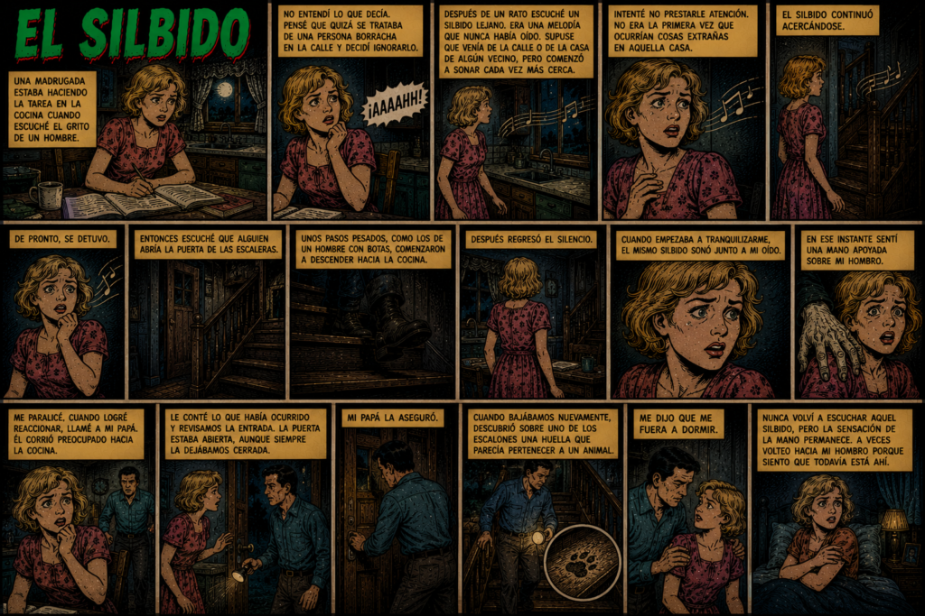 Cómic de terror titulado "El Silbido" que narra en diecisiete viñetas la historia de una joven que escucha un silbido fantasmal y pasos pesados en su cocina de madrugada, terminando con un contacto físico espectral y una huella animal misteriosa.