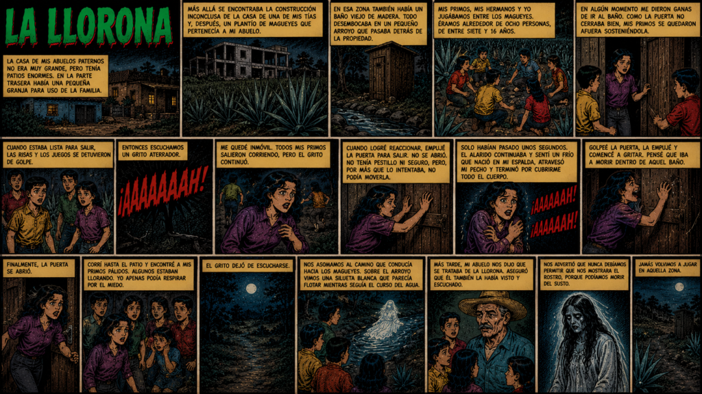 Cómic de terror titulado "La Llorona" que ilustra en dieciocho viñetas la experiencia de un grupo de niños que escucha y observa la aparición del espectro de una mujer flotando cerca de un arroyo en una granja familiar.