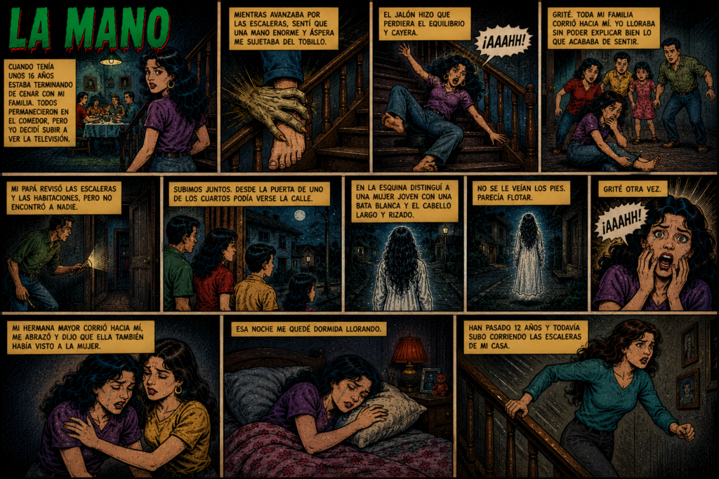 Cómic de terror titulado "La Mano" que muestra en once viñetas la historia de una joven que es sujetada del tobillo por una mano espectral en las escaleras y posteriormente divisa a un fantasma flotante junto a su familia.